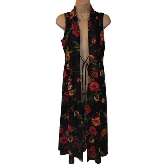 Ember Dresses & Skirts - Sheer Long Cardigan Dress Black Floral Tie Front Small